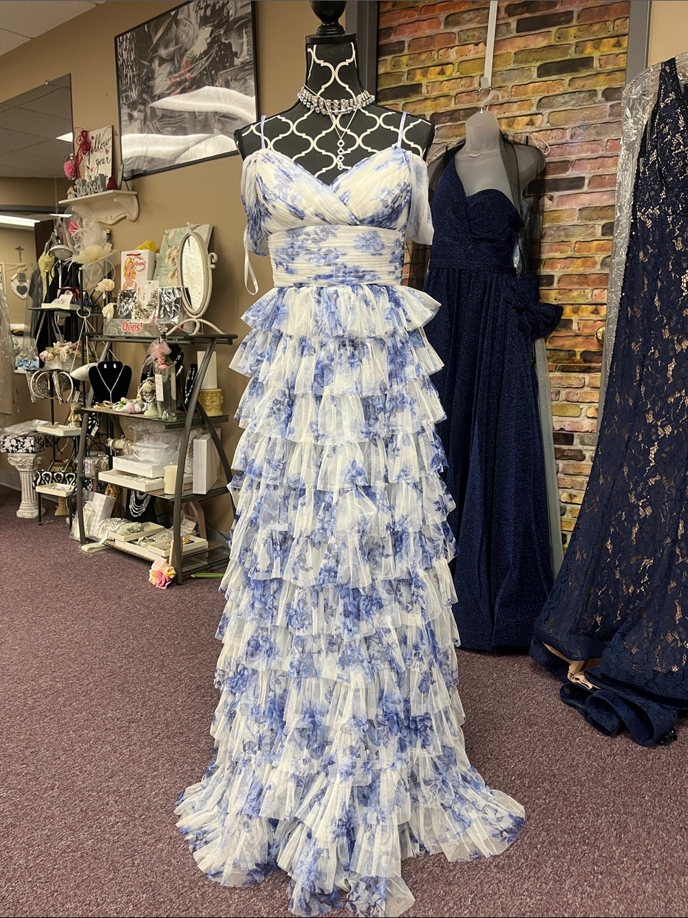 B. Smart Blue and White Floral Tiered Ruffle Prom Dress